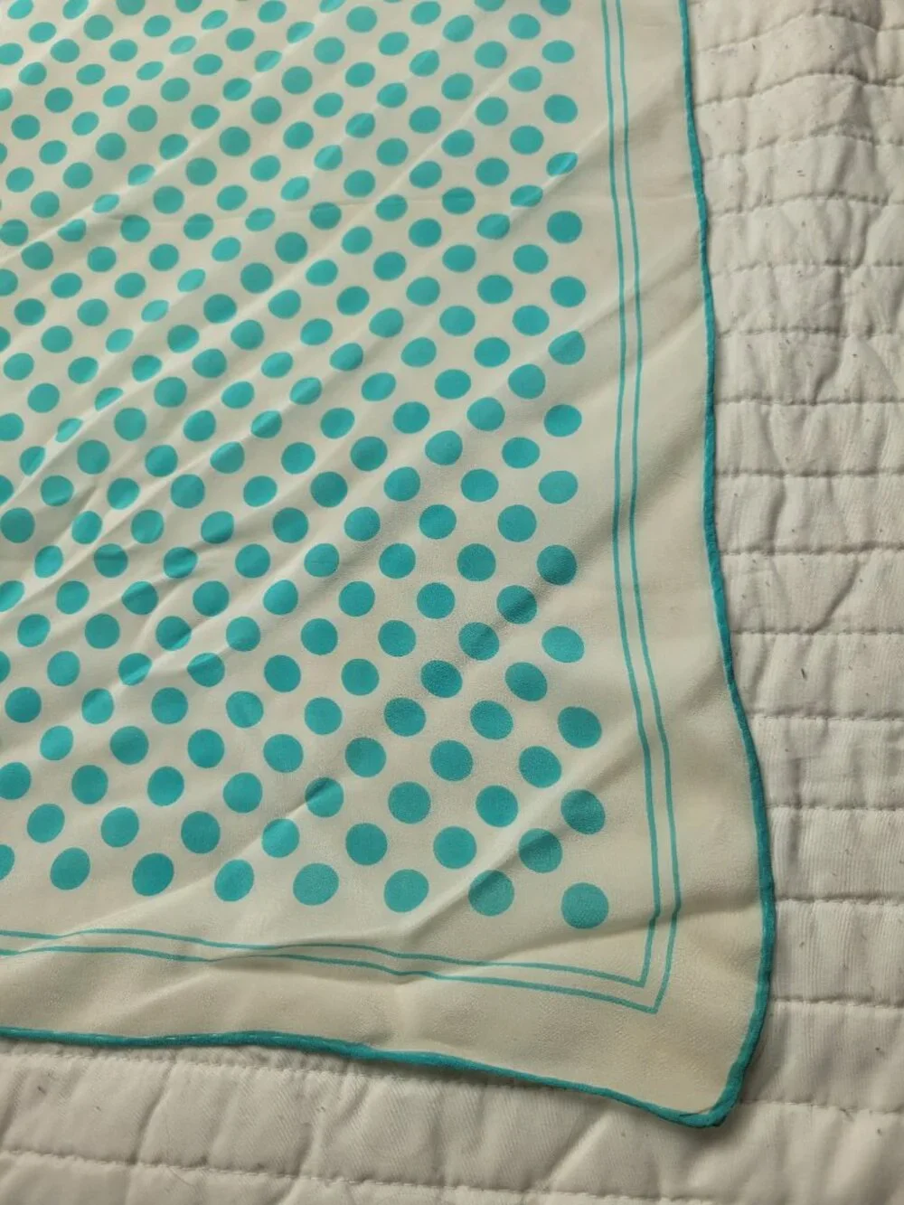 Vintage Silk Scarf Turquoise Polka Dot Ivory Bag Scarf 23x23